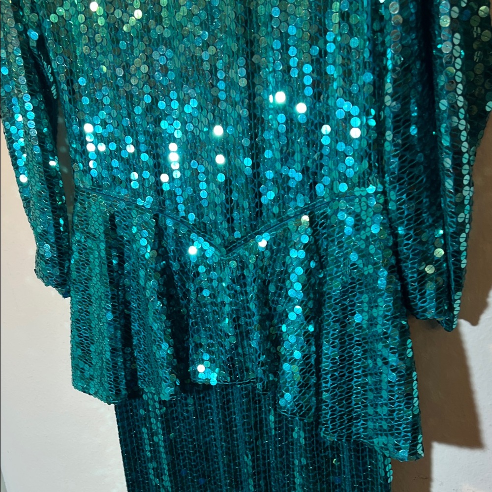 80s Vintage Teal Sequin Long Sleeve MIDI Dress with Peplum Large - Picture 4 of 9